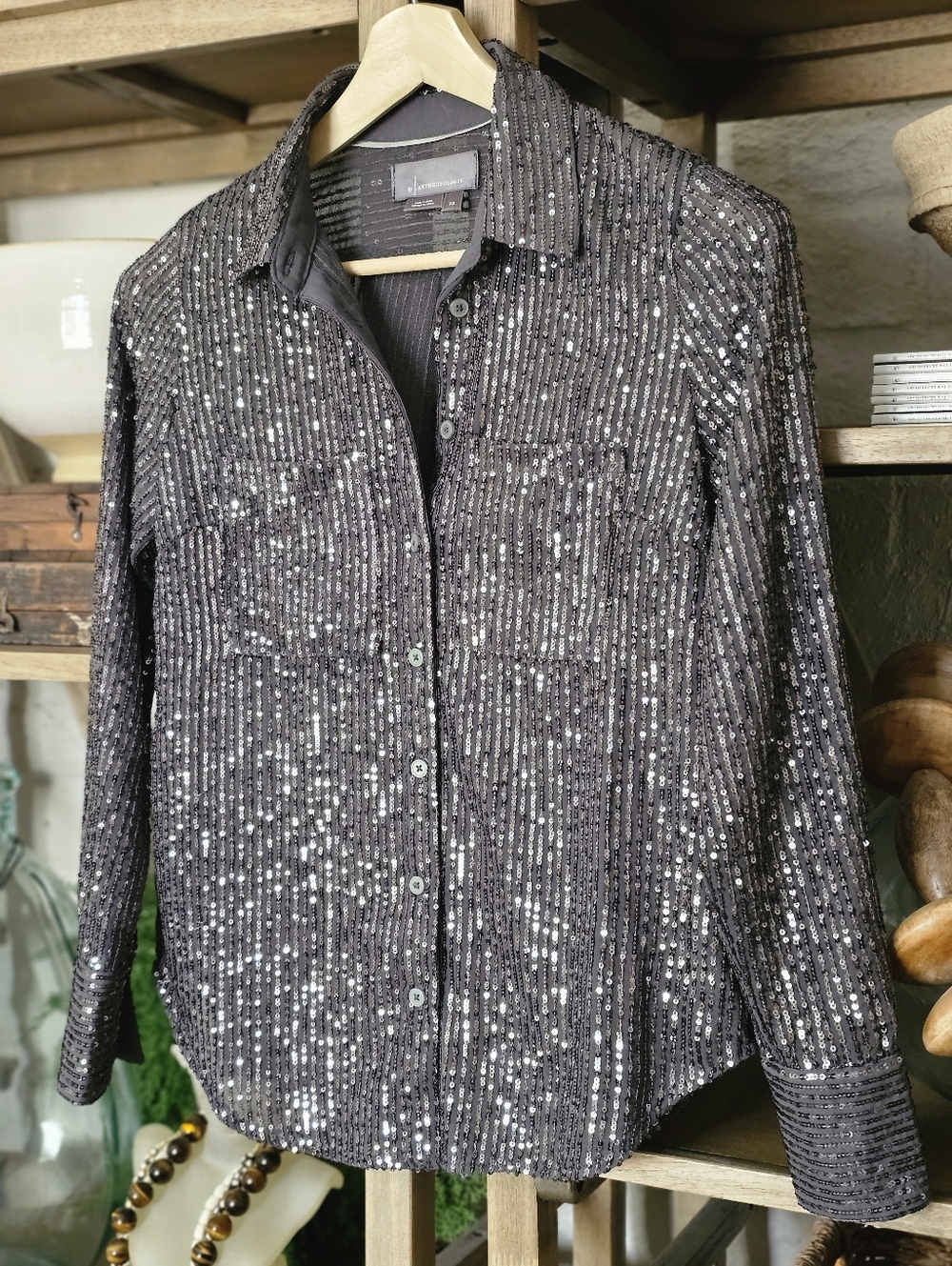 Anthropologie The Remie Sequin Button-Down Shirt Slate Grey XS NWOT